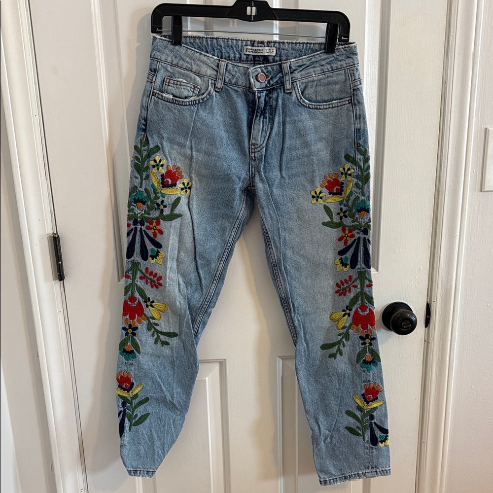 Zara Blue Jeans with Colorful Floral Embroidery